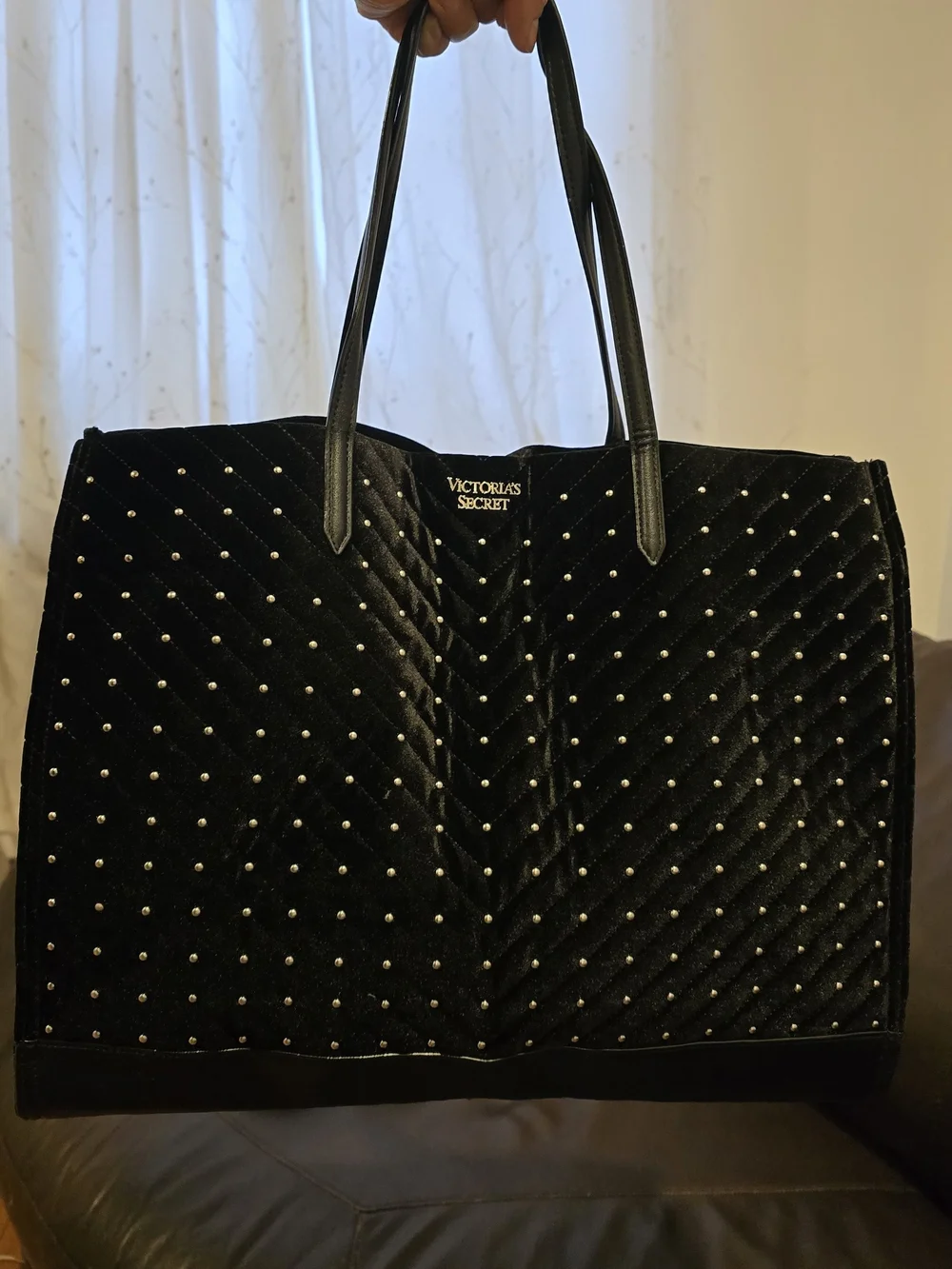 Victoria's Secret Black Quilted Velvet Studded Tote